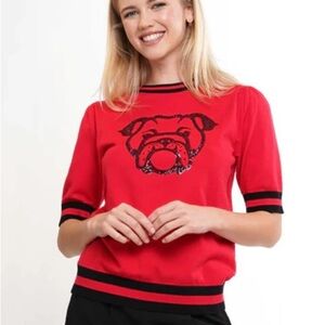 Georgia Bulldog Sweater - Sequin Bulldog Short Sleeve Knit - Red-8 Size Small.
